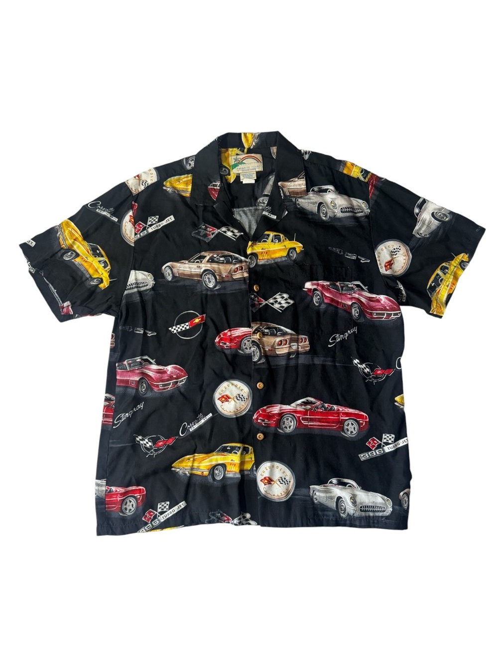 Paradise Found mens L Large black corvette stingray vintage Hawaiian shirt EUC